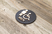Załaduj obraz do przeglądarki galerii, Round Men & Handicapped Restroom Door Sign with text