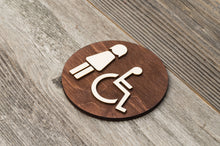 Load image into Gallery viewer, Round Toilet Door Sign. Wooden Rustic Restroom Signs Set.
