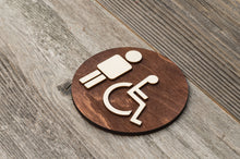 Load image into Gallery viewer, Round Toilet Door Sign. Wooden Rustic Restroom Signs Set.