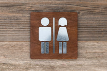 Załaduj obraz do przeglądarki galerii, Wooden Unisex Restroom Door Signs with faux Metal Insert