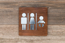 Load image into Gallery viewer, Wooden Family Restroom Door Signs with faux Metal Insert