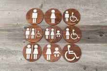Load image into Gallery viewer, Round Toilet Door Sign. Wooden Rustic Restroom Signs Set.