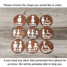 Load image into Gallery viewer, Round Toilet Door Sign. Wooden Rustic Restroom Signs Set.