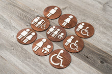 Load image into Gallery viewer, Round Toilet Door Sign. Wooden Rustic Restroom Signs Set.