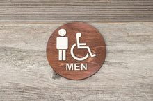 Załaduj obraz do przeglądarki galerii, Round Men & Handicapped Restroom Door Sign with text