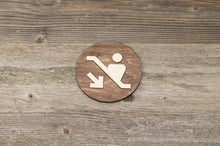 Załaduj obraz do przeglądarki galerii, Round Escalator down wooden sign. Automated stairs plate.