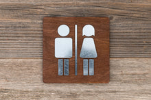 Load image into Gallery viewer, Wooden Restroom Door Signs with faux Metal Insert
