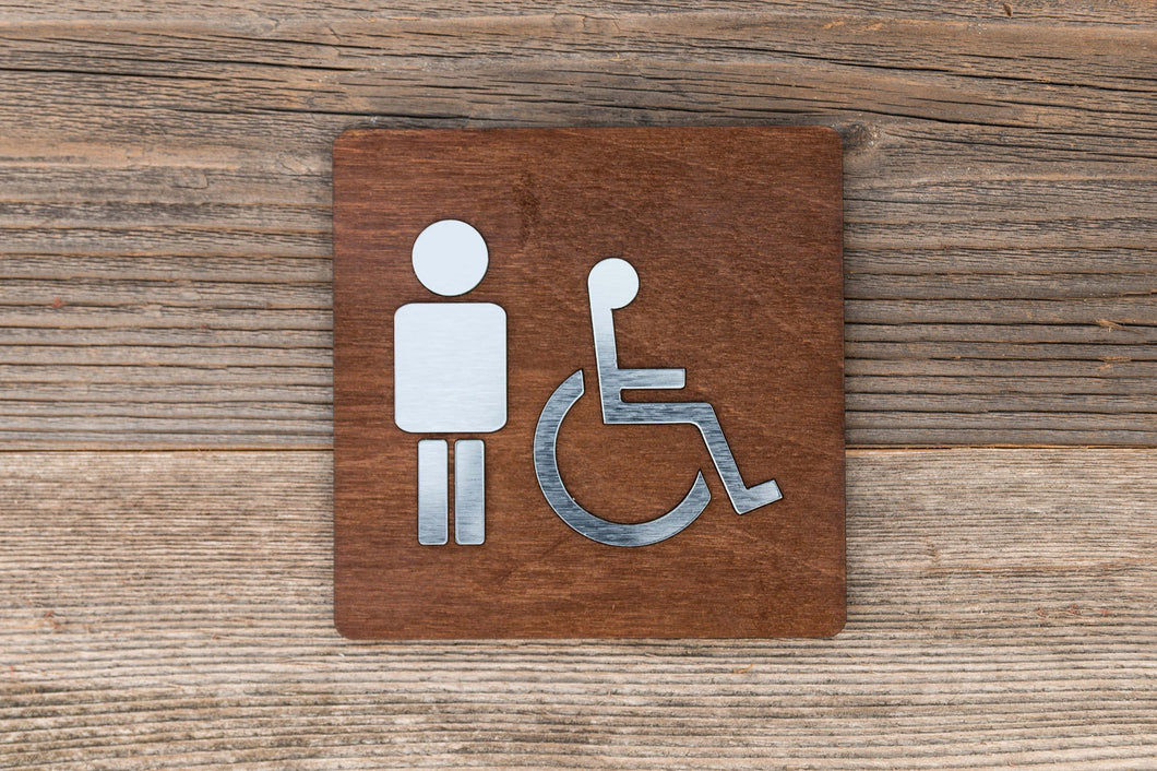 Wooden Men & Disabled Restroom Door Signs with faux Metal Insert