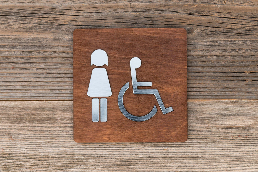 Wooden Women & Disabled Restroom Door Signs with faux Metal Insert