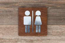 Load image into Gallery viewer, Wooden Unisex Restroom Door Signs with faux Metal Insert
