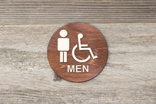 Load image into Gallery viewer, Round Men &amp; Handicapped Restroom Door Sign with text
