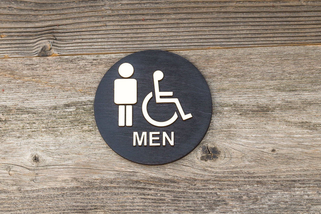 Round Men & Handicapped Restroom Door Sign with Text