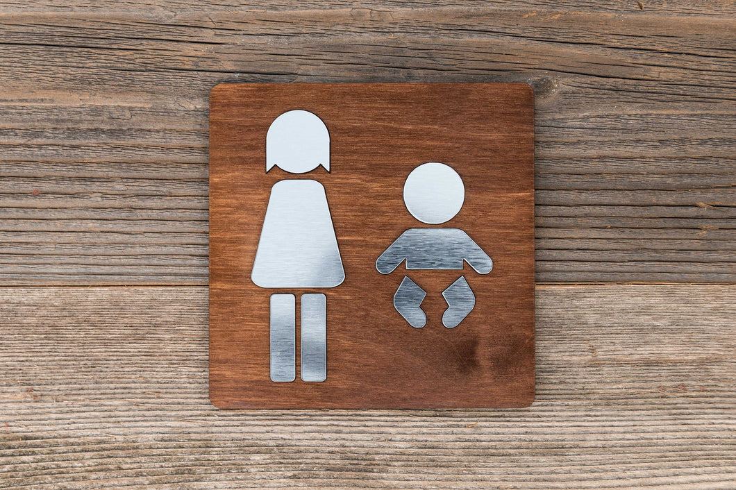 Wooden Women & Baby Restroom Door Signs with faux Metal Insert