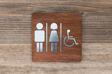 Load image into Gallery viewer, Wooden Unisex &amp; Disabled Restroom Door Signs with faux Metal Insert
