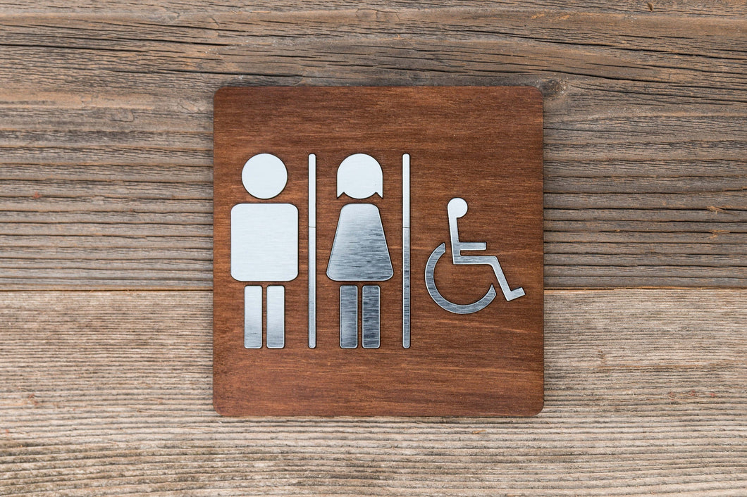 Wooden Unisex & Disabled Restroom Door Signs with faux Metal Insert