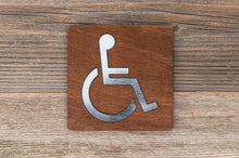 Load image into Gallery viewer, Wooden Handicapped Restroom Door Signs with faux Metal Insert
