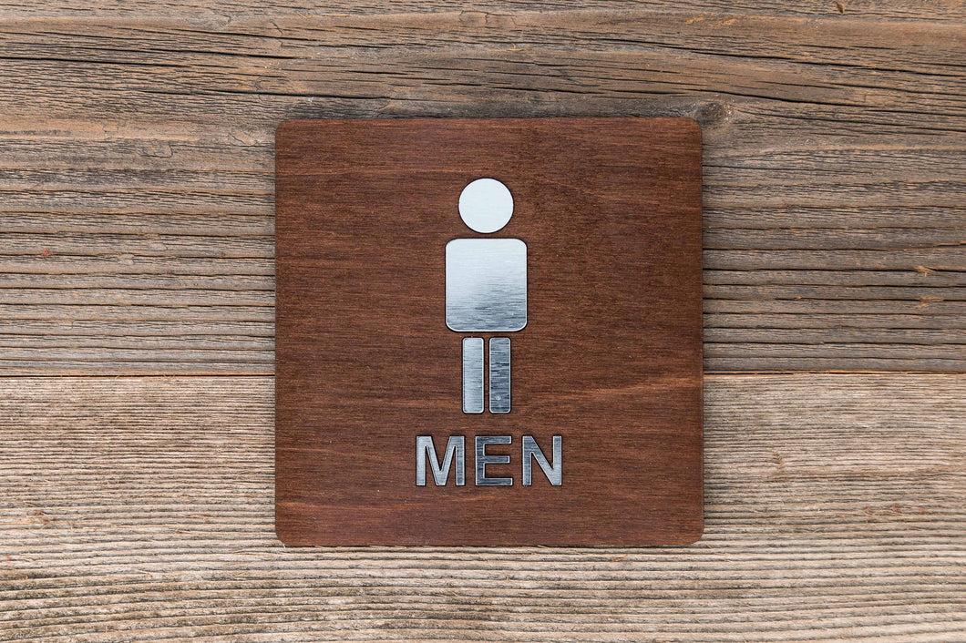Wooden Men Restroom Door Signs with faux Metal Insert