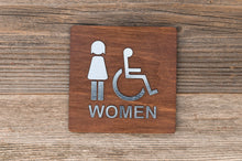 Load image into Gallery viewer, Wooden Women &amp; Disabled Restroom Door Signs with faux Metal Insert
